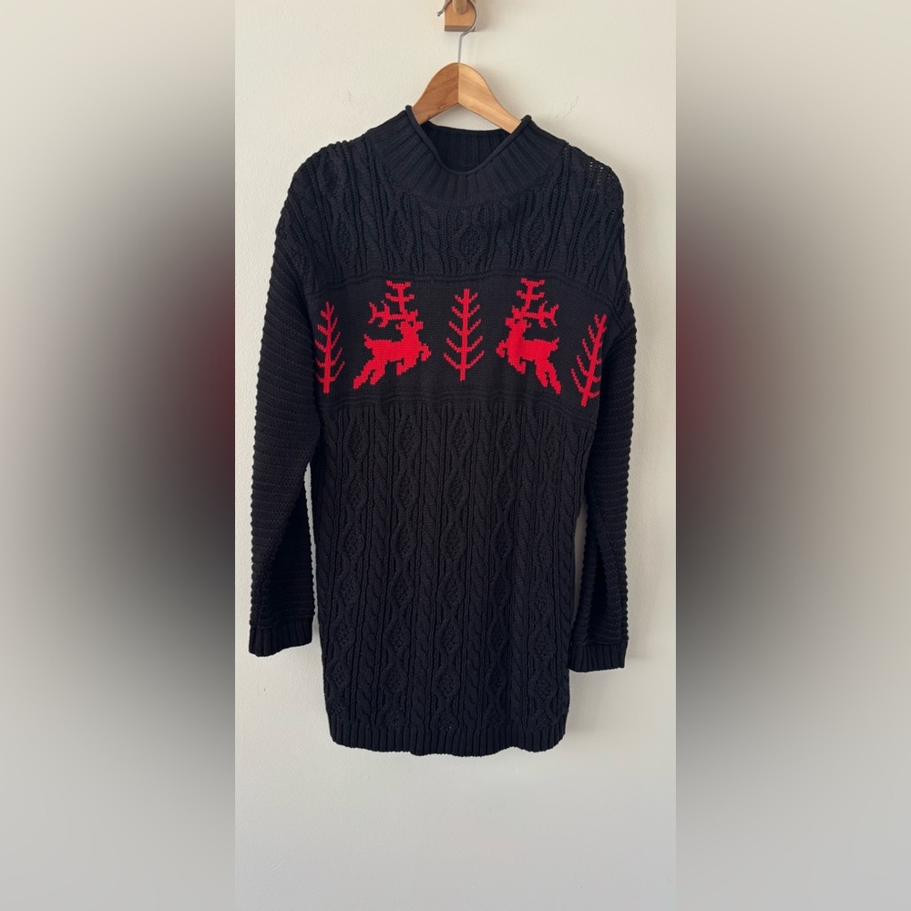 Prides Landing Vintage Black Sweater Dress/Tunic Red Reindeer Design EUC Size M